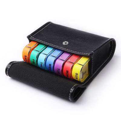 Pill Organizer Box Weekly Case-Includes Black Leather PU Carrying Case